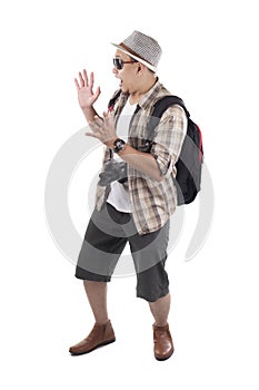 Traveling People Isolated on White. Male Backpacker Tourist Shocked Surprised Gesture