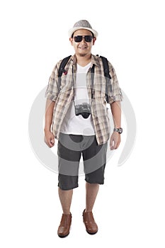 Traveling People Isolated on White. Male Backpacker Tourist, Smiling Happy Gesture