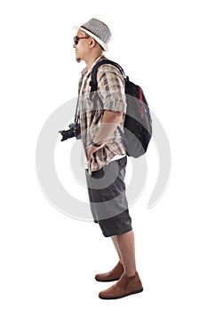 Traveling People Isolated on White. Male Backpacker Tourist, Smiling Happy Gesture