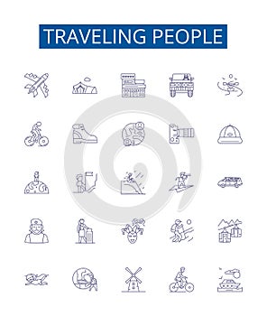 Traveling people line icons signs set. Design collection of Travellers, Voyagers, explorers, globetrotters, wanderers