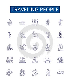 Traveling people line icons signs set. Design collection of Travellers, Voyagers, explorers, globetrotters, wanderers