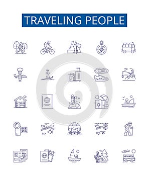 Traveling people line icons signs set. Design collection of Travellers, Voyagers, explorers, globetrotters, wanderers