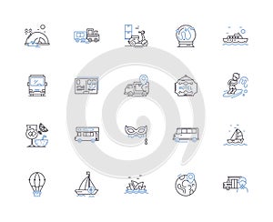 Traveling people outline icons collection. Travellers, Voyagers, Roamers, Explorers, Adventurers, Wanderers, Journeyers