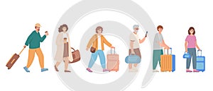 Traveling people with suitcases and bags. Set of Traveler Characters in line. Travel Destinations Or Group Tour Packages