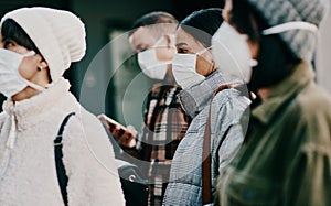 Traveling people wearing face mask in a covid pandemic in crowd, public or airport border with passport or travel