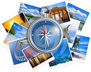 Traveling photos collage with compass isolated on white