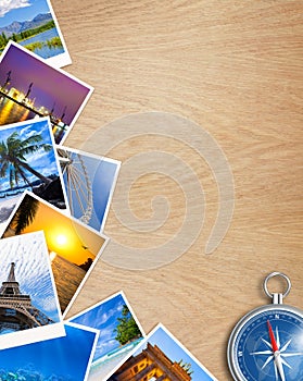 Traveling photos collage with compass on table