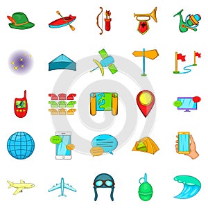 Traveling on the planet icons set, cartoon style