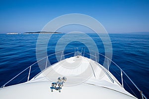 Traveling by sea on a yacht to the destination ANTIPAXOS island, Corfu Regional unit, Ionian Islands, Greece in summer.