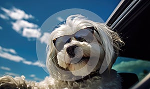 Traveling in style, this cheerful dog in sunglasses peeks from a car. Created with generative AI tools