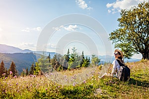 Traveling in summer Ukraine. Trip to Carpathian mountains. Happy woman tourist hiking sitting in flowers