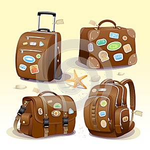 Traveling symbols of suitcase, bag, briefcase and backpack