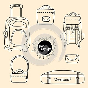 Traveling things for travel and city. Different types of a suitcase on wheels, a closed one, a backpack, small women