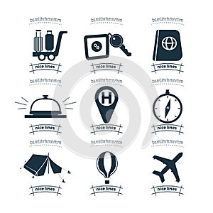 Traveling and transport icon set with hotel, compass, maps, reception call, plane ticket, boarding pass, camping tent, hot air
