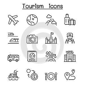 Traveling, transport & Tourism icon set in thin line style