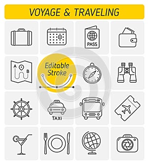 The traveling and voyage outline vector icon set