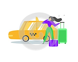 Traveling Woman Calling Taxi Service Flat Vector