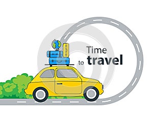 Traveling by yellow car with a luggage bags on the roof. Flat style vector illustration isolated on white background