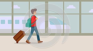 Traveling young man walking at the airport terminal with suitcase, Vector illustration