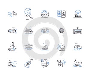 Travelingand vacation outline icons collection. Holiday, Touring, Escapade, Exploring, Excursion, Outing, Trekking