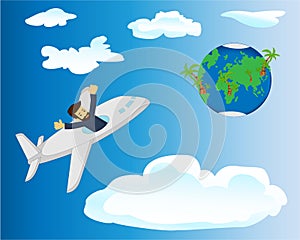 A traveller flying in a plane to the Earth planet