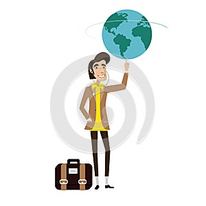 Traveller man spinning globe on finger