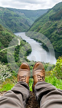 Traveller s view hiking on mountain top, gazing at lake and river, feet in hiking shoes on cliff