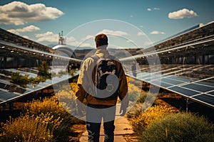 Traveller in solar panels field. Sunny summer modern electicity panels. Generative AI