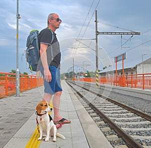 Traveller is waiting at the railway station. Older backpacker and his beagle dog. Active man