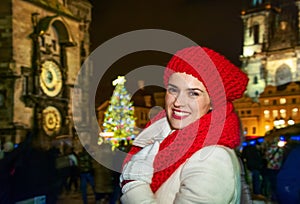 Traveller woman at Christmas on Staromestske namesti in Prague