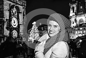 Traveller woman at Christmas on Staromestske namesti in Prague photo