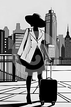 Traveller woman with rolling case and city