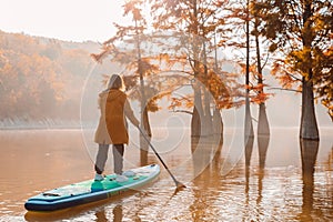 Traveller woman on stand up paddle board at the lake with Taxodium trees