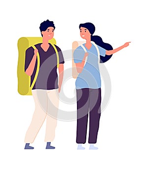 Travellers couple. Man woman travel with backpacks. Isolated happy people find trip, tourists vector characters