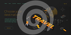 Travelling by air concept in isometric vector illustration. Around the world flight tour or trip. Cheap airline tickets searching