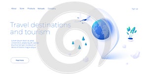 Travelling by air concept in isometric vector illustration. Around the world flight tour or trip. Cheap airline tickets searching