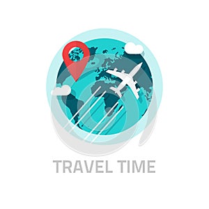 Travelling around world by plane vector, travel and trip logo