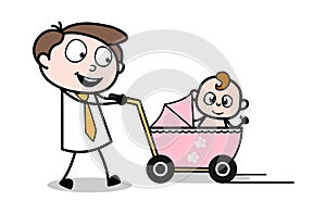 Travelling with Baby in Baby Stroller - Office Businessman Employee Cartoon Vector Illustration