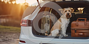 Travelling by car with pets concept. Opened trunk of a car, full of suitcases and a dog sitting inside.