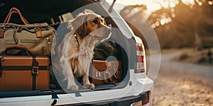 Travelling by car with pets concept. Opened trunk of a car, full of suitcases and a dog sitting inside.