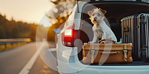 Travelling by car with pets concept. Opened trunk of a car, full of suitcases and a dog sitting inside.
