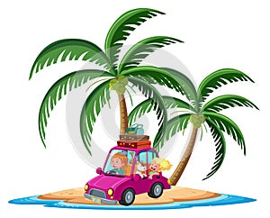 Travelling car on the tropical island cartoon character on white background