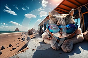 Travelling cat in sunglasses sunbathing on beach