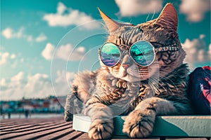 Travelling cat in sunglasses sunbathing on dock