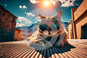 Travelling cat in sunglasses sunbathing in Egypt