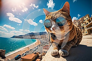 Travelling cat in sunglasses sunbathing on pier in Brazil