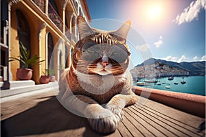 Travelling cat in sunglasses sunbathing on street of somewhere in Italy