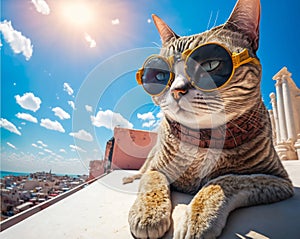 Travelling cat in sunglasses sunbathing on street of somewhere in Italy