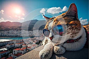 Travelling cat in sunglasses sunbathing on street of somewhere in Italy