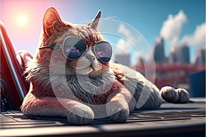 Travelling cat in sunglasses sunbathing on street of somewhere in United state